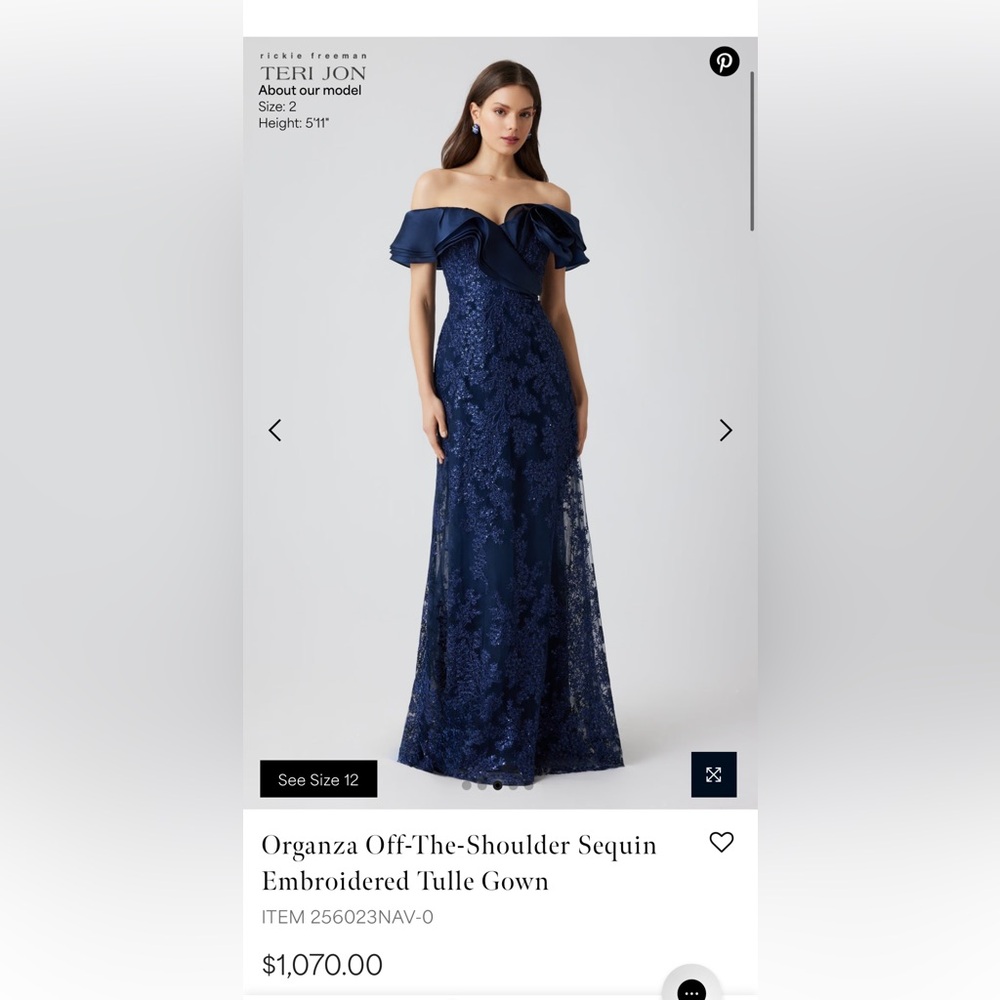 Teri Jon for Rickie Freeman organza Off-the-Shoulder Sequin Lace Gown navy